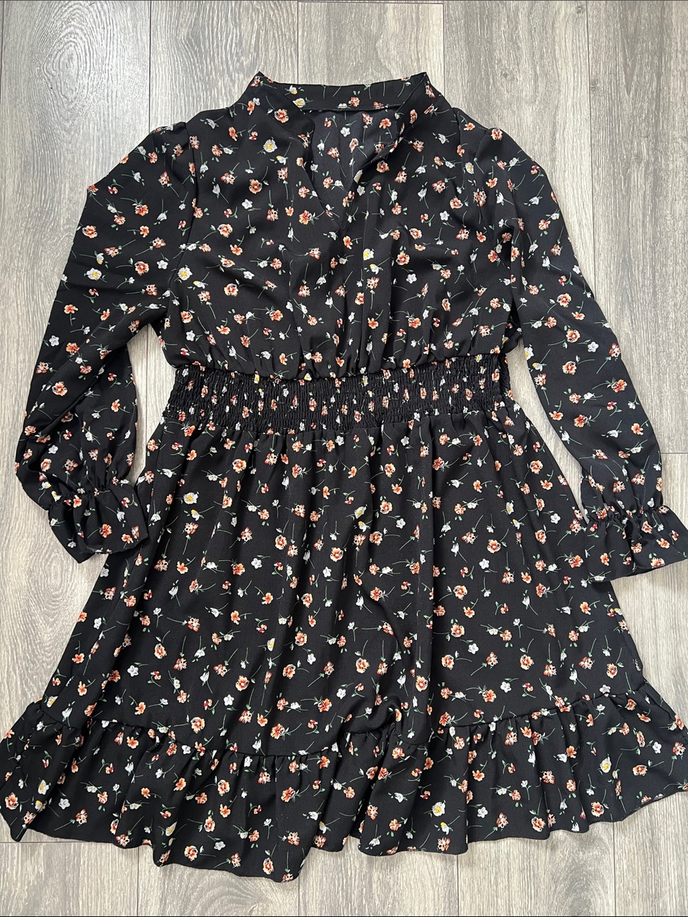 Woman Floral Waist Black Dress